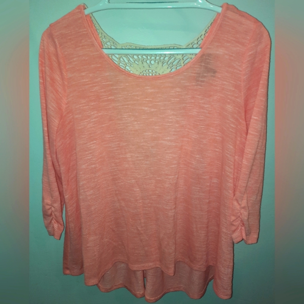 Almost Famous bright peach color top lace back detail size large EUC